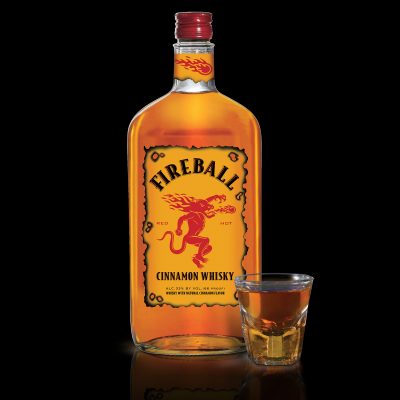 Download Fireball bottle with full shot glass on transparent background