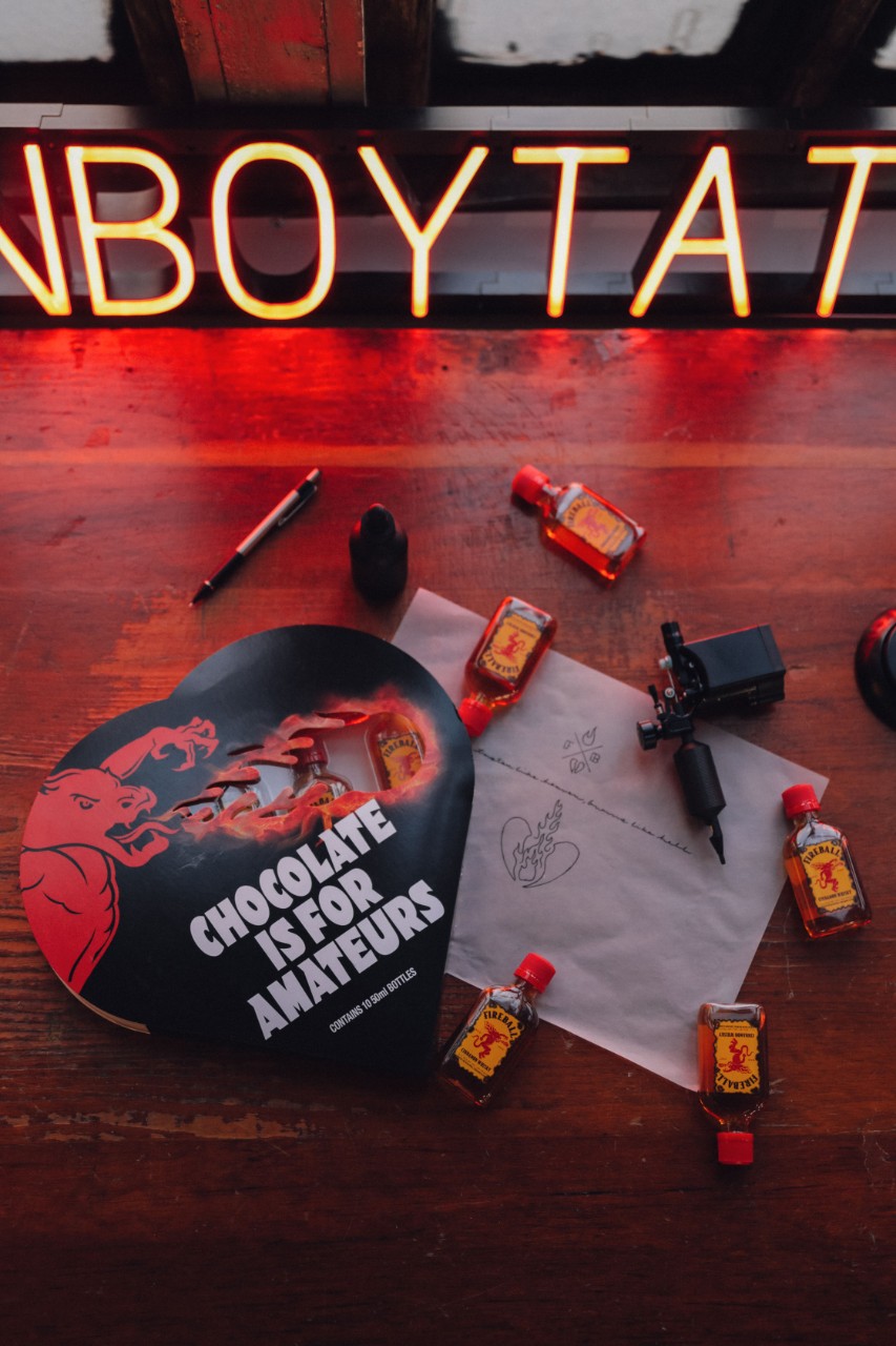 Fireball Chocolate is for Amateurs heart and JonBoy x Fireball tattoos